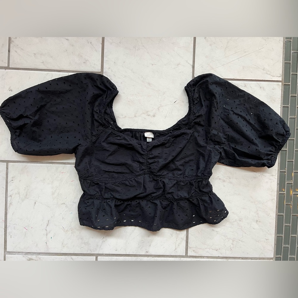 Black Eyelet Puff Sleeve Ruffle Crop Top Cottagecore MilkMaid